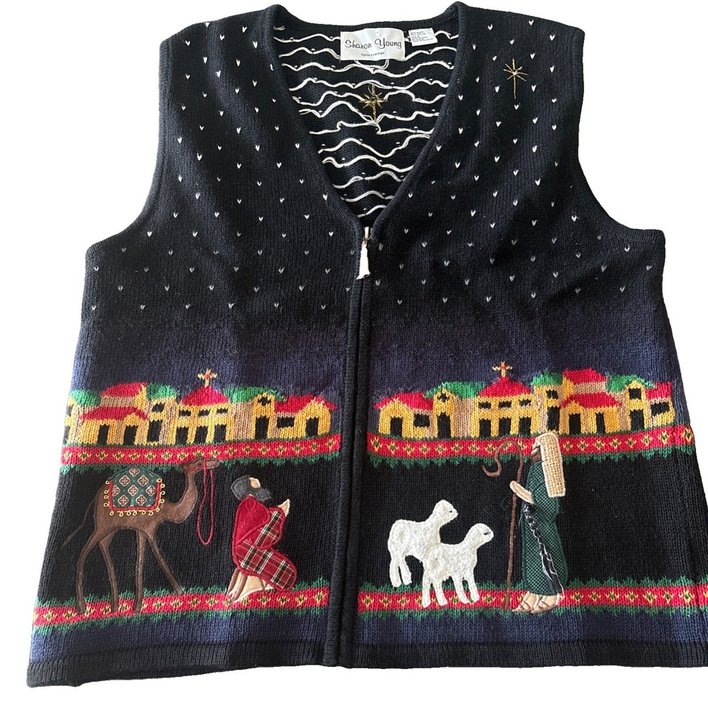 Sharon Young Women L Christmas Nativity Vest Vtg Bethlehem  Holiday Jesus Church